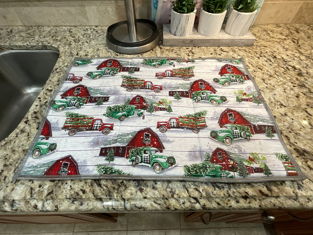 Christmas Red and Green Truck Dish Drying Mats