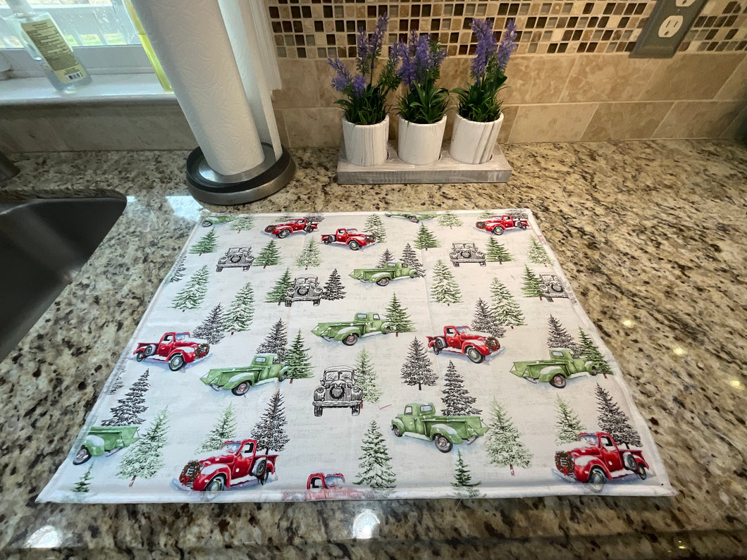 Red and Green Trucks and Pine Tree Dish Drying Mats