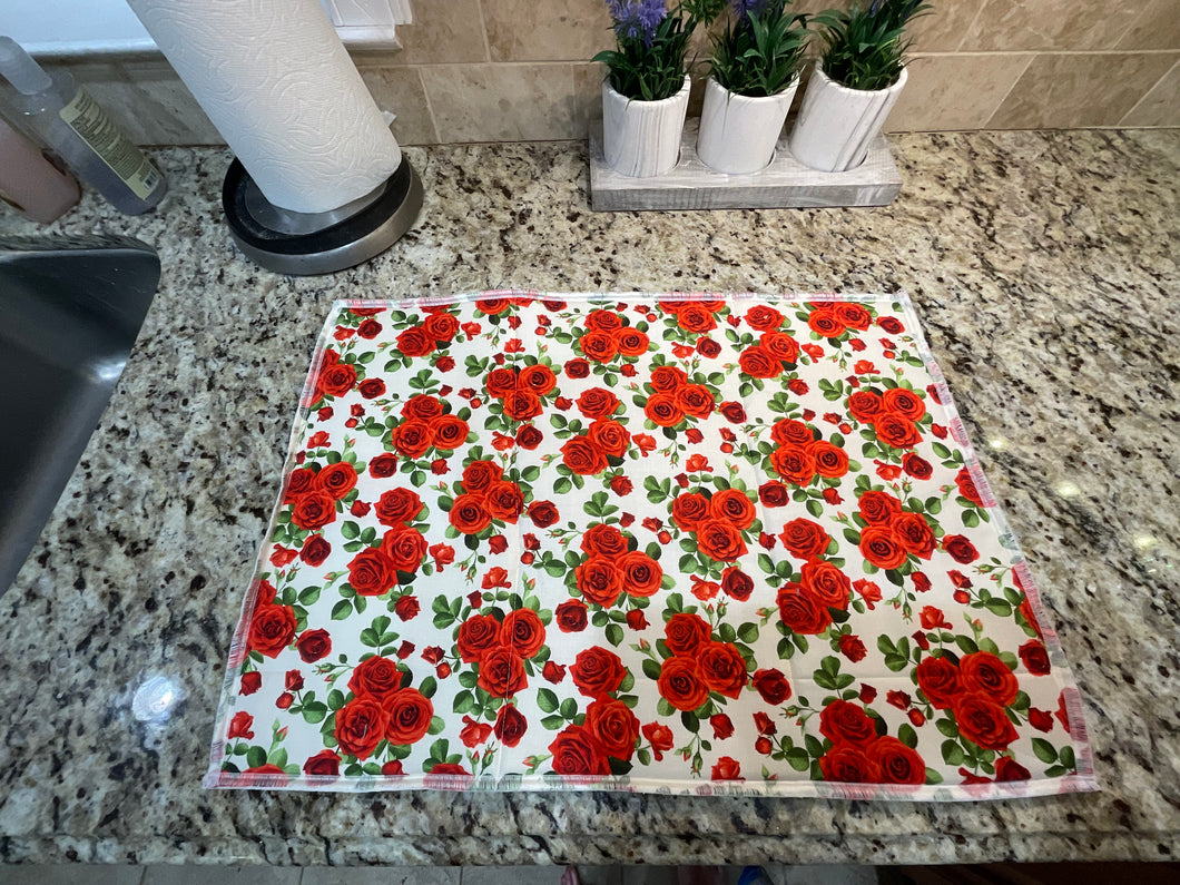 Red Roses on White Dish Drying Mats