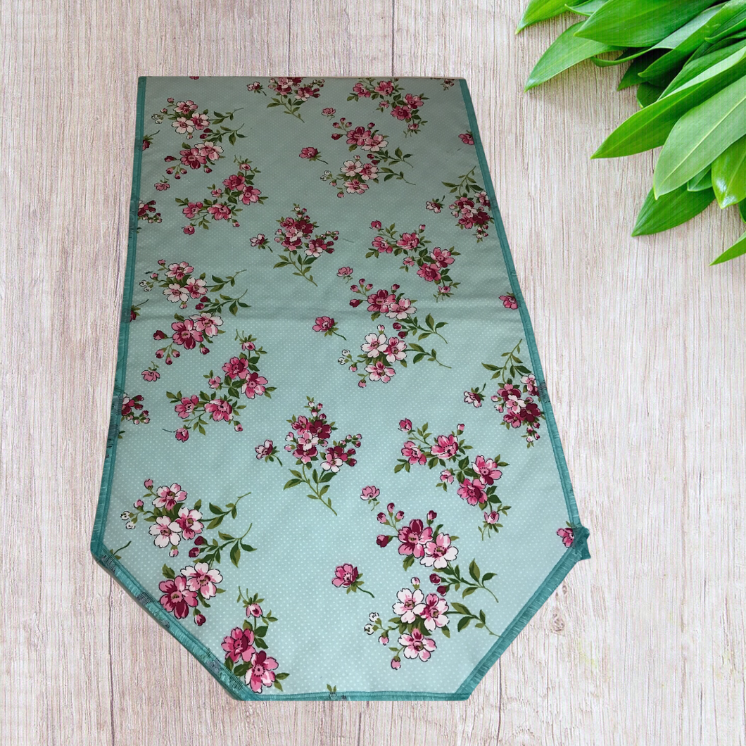 Pink Flowers on Green with Polka Dots