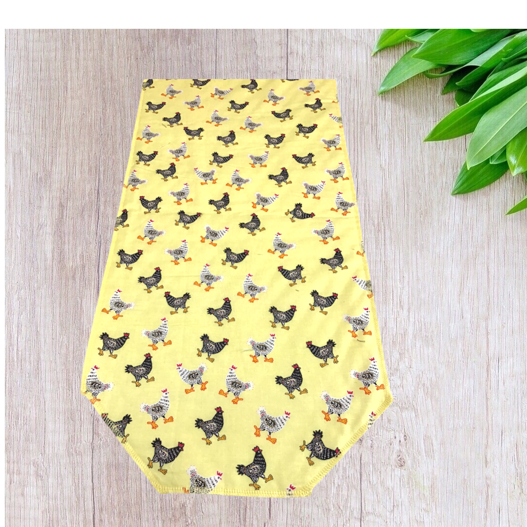 Chickens with yellow background Table Runners