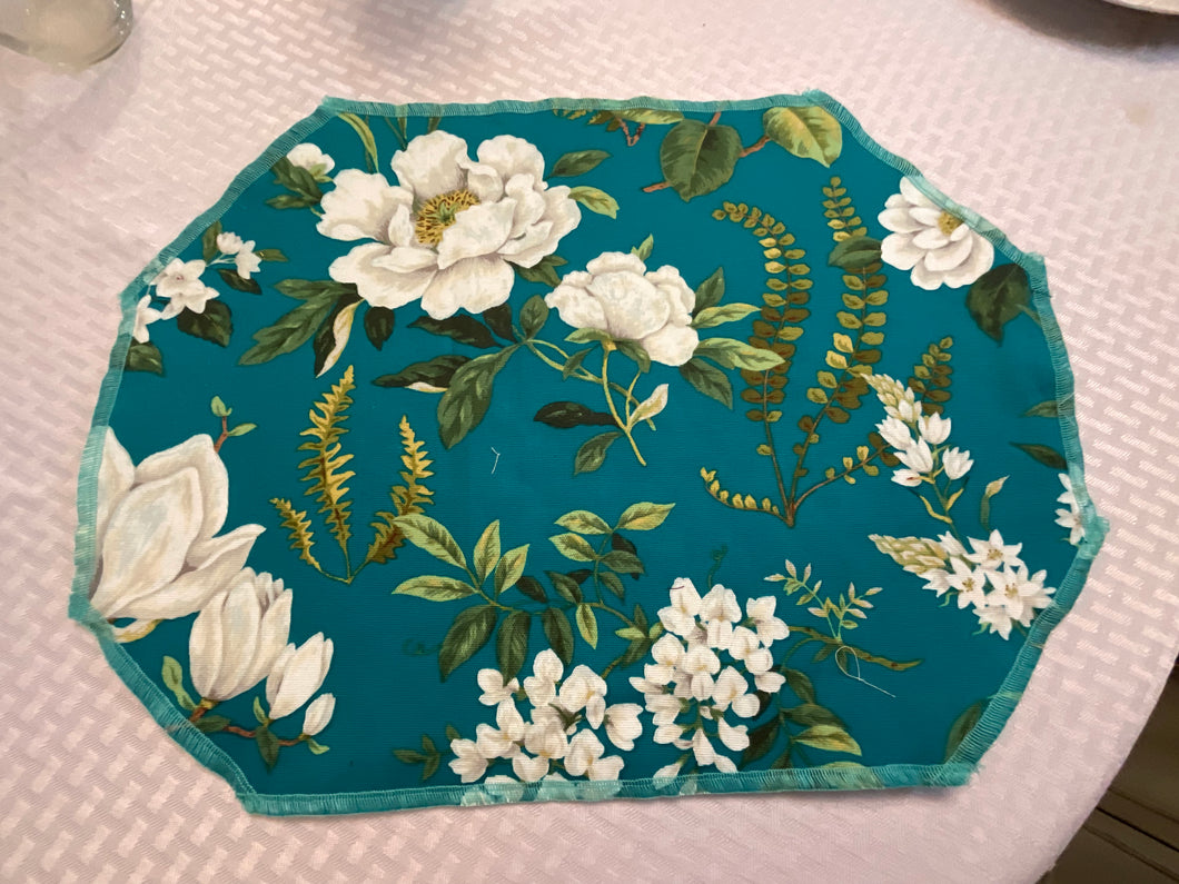 White Flowers on Teal Placemat Sets